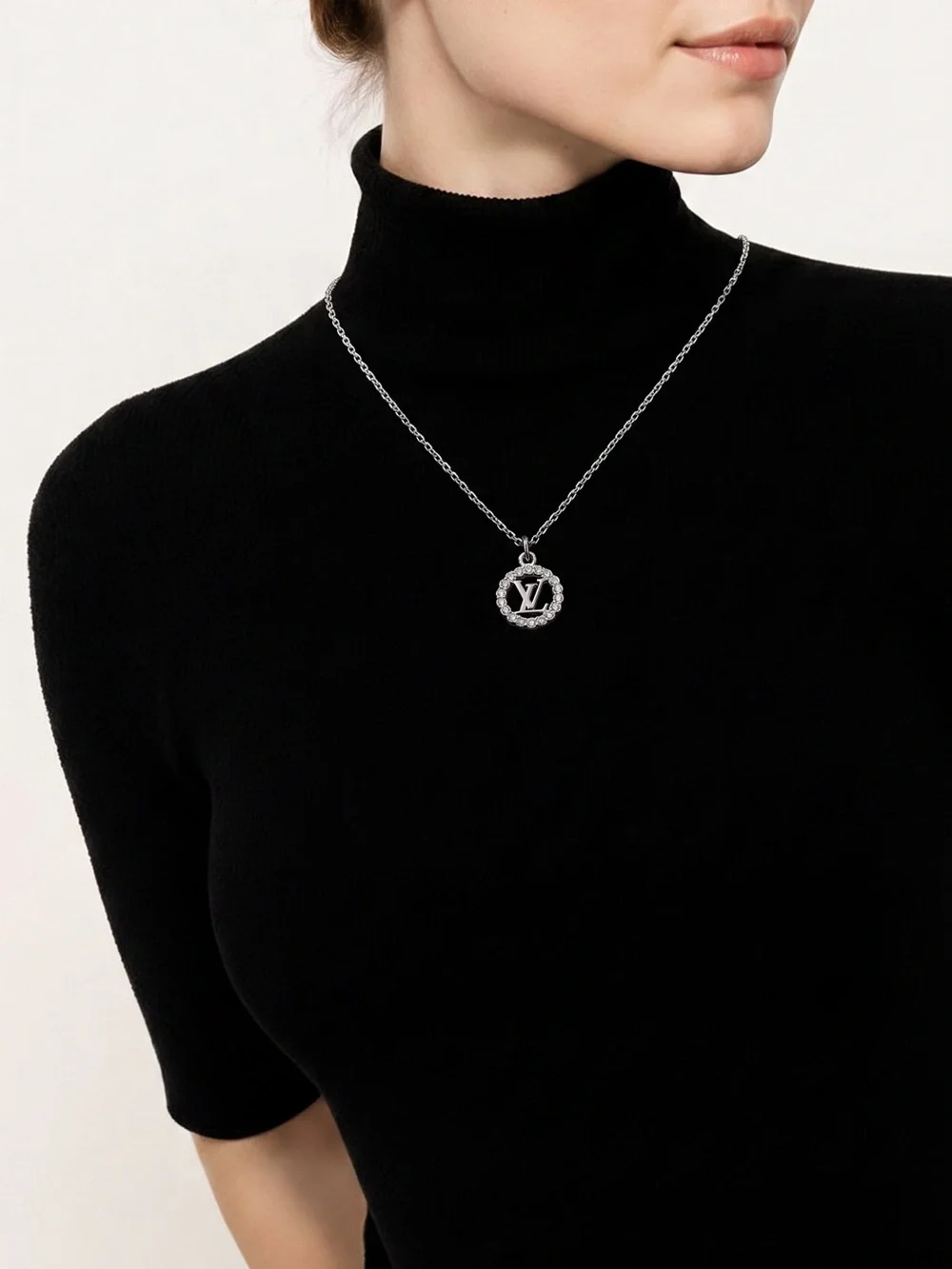 Silver Logo-Circle Pendant Necklace with Crystal Accent